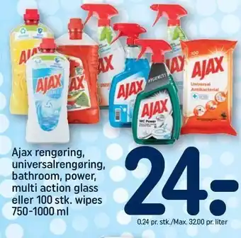 REMA 1000 Ajax rengøring, universalrengøring, bathroom, power, multi action glass el. 100 stk. wipes tilbud