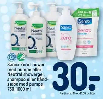 REMA 1000 Sanez zero shower m. pumpe el. neutral showergel, shampoo el håndsæbe m. pumpe tilbud