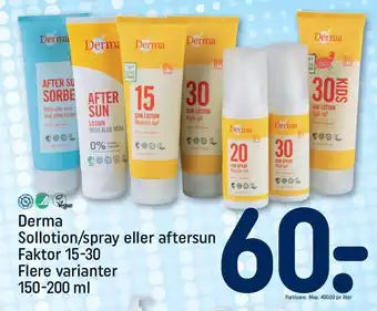 REMA 1000 Derma sollotion/spray el. aftersun faktor 15-30 tilbud