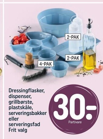 Dressingflasker, dispenser, grillbørste, plastskåle, serveringsbakker el. serveringsfad