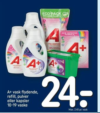 REMA 1000 A+ vask flydende, refill, pulver eller kapsler 10-19 vaske tilbud