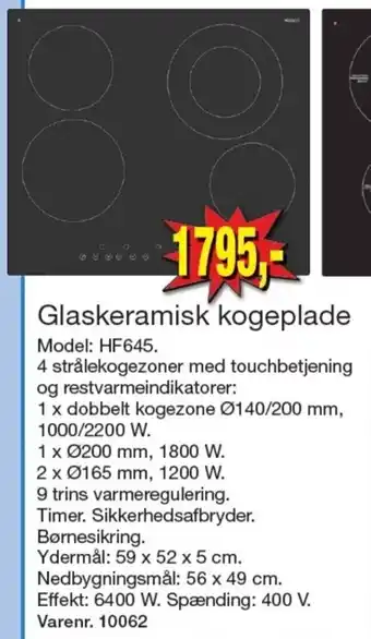 Harald Nyborg Glaskeramisk kogeplade Model: HF645. tilbud