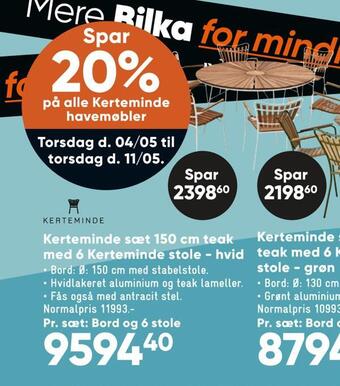 Bilka Kerteminde sæt 150 cm teak med 6 kerteminde stole - hvid tilbud