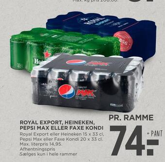 MENY Royal export, heineken, pepsi max eller faxe kondi tilbud