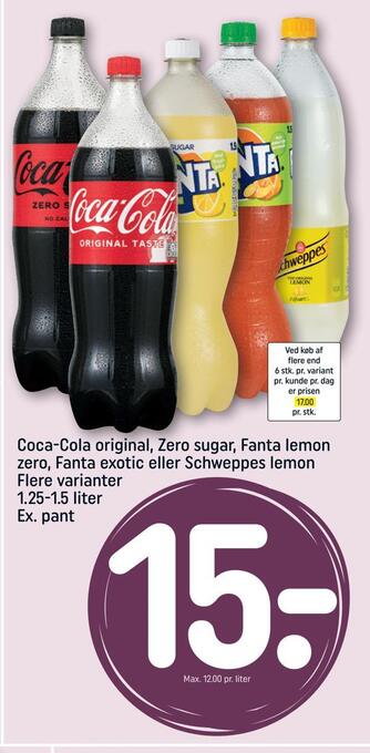 REMA 1000 Coca-cola original, zero sugar, fanta lemon zero, fanta exotic eller schweppes lemon tilbud