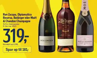 Ron zacapa, diplomatico reserva, bollinger eller moët & chandon champagne