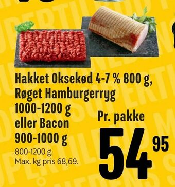 Min Købmand Hakket Oksekød 4-7 % 800 g, Røget Hamburgerryg 1000-1200 g eller Bacon 900-1000 g tilbud