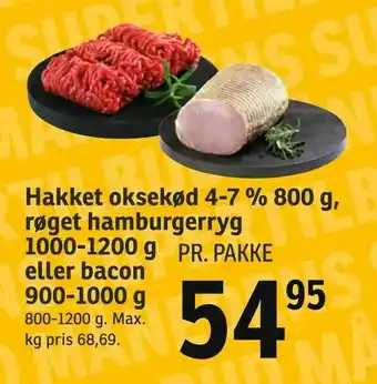 SPAR Hakket oksekød 4-7 % 800 g, røget hamburgerryg tilbud