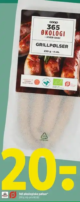 Coop 365 365 økologiske pølser* 250 g. tilbud