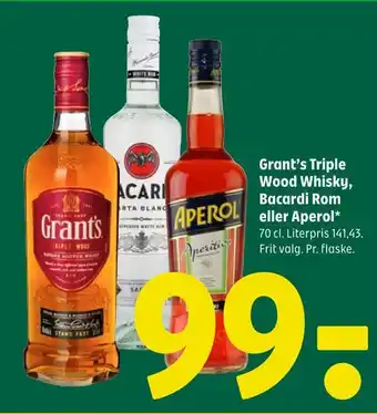 Grant's triple wood whisky, bacardi rom eller aperol