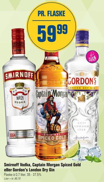 Otto Duborg Smirnoff vodka, captain morgan spiced gold eller gordon's london dry gin tilbud
