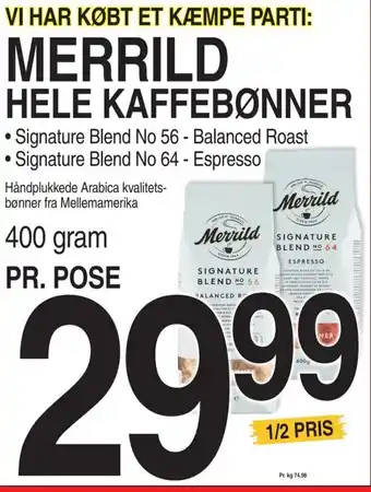 ABC Lavpris MERRILD HELE KAFFEBØNNER tilbud