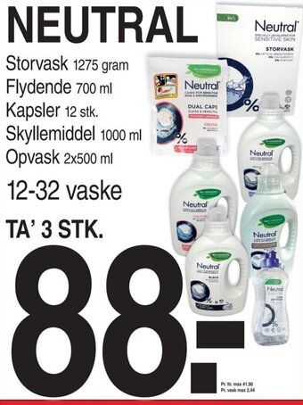 ABC Lavpris NEUTRAL Storvask 1275 gram Flydende 700 ml Kapsler 12 stk. Skyllemiddel 1000 ml Opvask 2x500 ml tilbud