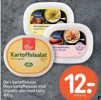 REMA 1000 Ole's kartoffelsalat, Mayo kartoffelsalat med chipotle eller med karry 400 g tilbud