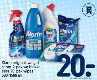 REMA 1000 Klorin original, wc gel, spray, 2-pak wc blokke eller 90-pak wipes 500-1500 ml tilbud