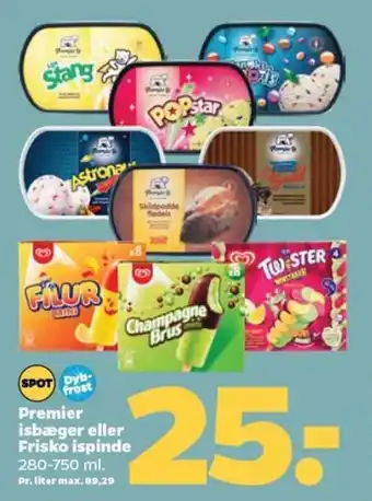 Netto Premier isbæger eller Frisko ispinde 280-750ml tilbud