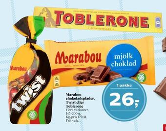 Dagli'Brugsen Marabou chokoladeplader, twist eller toblerone tilbud
