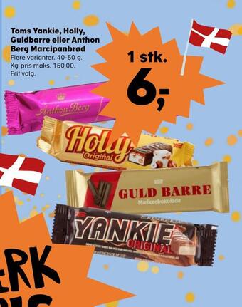 Kvickly Toms yankie, holly, guldbarre eller anthon berg marcipanbrød tilbud