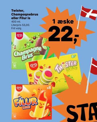 Kvickly Twister, champagnebrus eller filur is tilbud