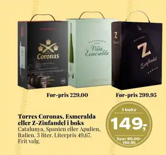 Dagli'Brugsen Torres coronas, esmeralda eller z-zinfandel i boks tilbud