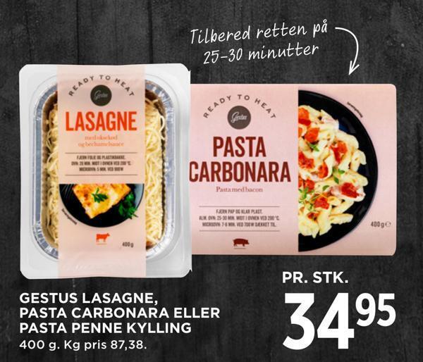 Gestus lasagne, pasta carbonara eller pasta penne kylling tilbud hos MENY