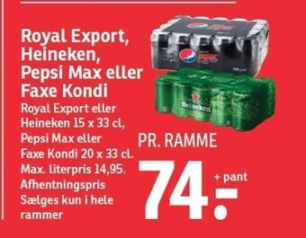 SPAR Royal export, heineken, pepsi max eller faxe kondi tilbud