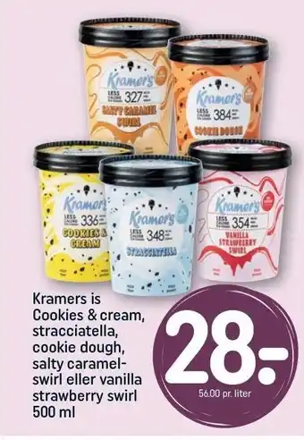 REMA 1000 Kramers is cookies& cream, stracciatella, cookie dough, salty caramelswirl eller vanilla strawberry swirl tilbud