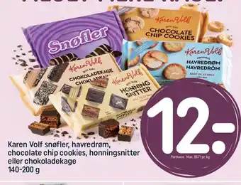 REMA 1000 Karen Volf snøfler, havredrøm, chocolate chip cookies, honningsnitter eller chokoladekage 140-200g tilbud