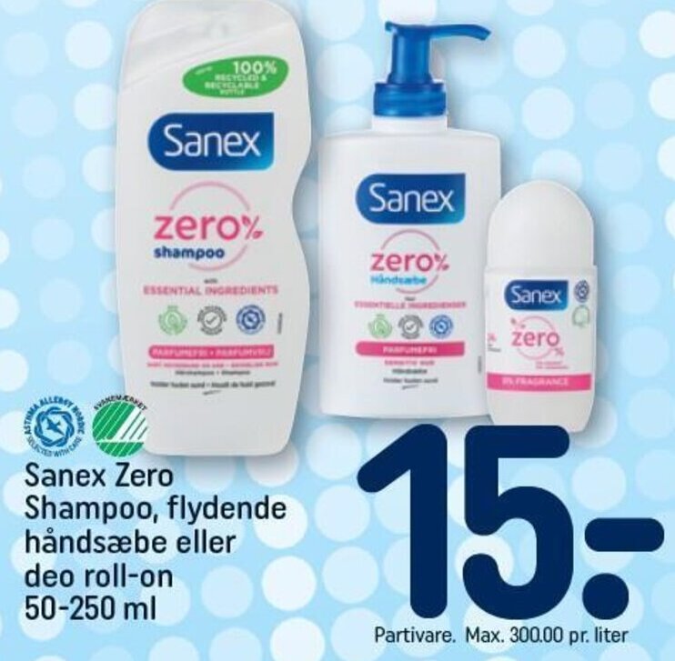 Sanex Zero Shampoo, flydende håndsæbe eller deo rollon 50250ml tilbud