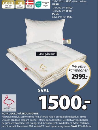 JYSK ROYAL GOLD GÅSEDUNSDYNE tilbud