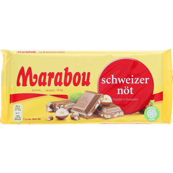 Marabou schweizernöt | marabou schweizisk nødder - klassisk mælkechokolade blandet med groft hakkede hasselnødder.