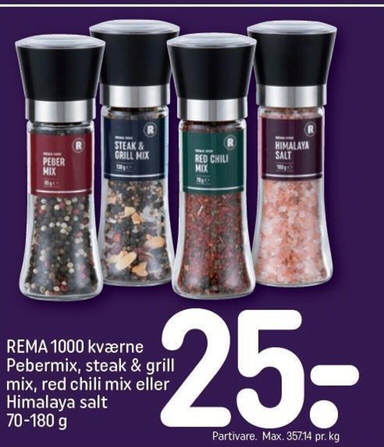 REMA 1000 kværne Pebermix, steak & grill mix, red chili mix eller