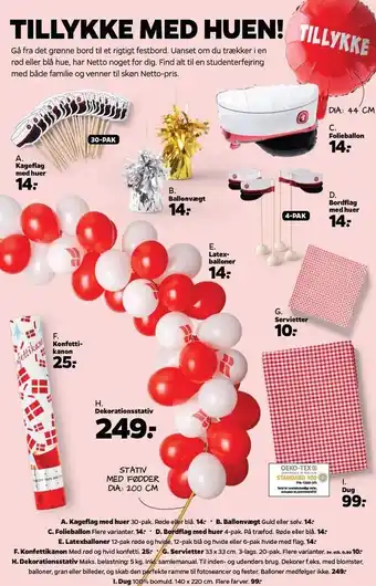 Kageflag med huer, ballonvægt, folieballon, bordflag med huer, latexballoner, konfettikanon, servietter, dekorationsstativ el