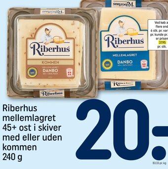 REMA 1000 Riberhus mellemlagret 45+ ost i skiver med eller uden kommen tilbud