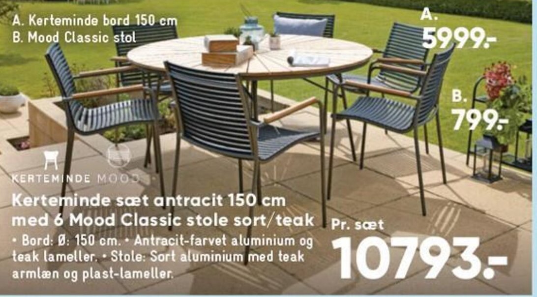 Bilka Kerteminde sæt antracit 150 cm med 6 Mood Classic stole sort/teak Pr. sæt tilbud