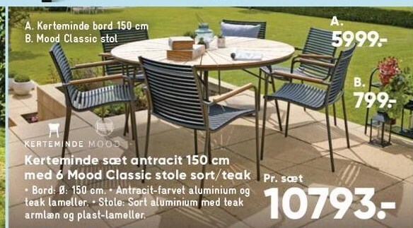 Bilka Kerteminde sæt antracit 150 cm med 6 mood classic stole sort/teak tilbud