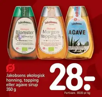 REMA 1000 Jakobsens økologisk honning, topping eller agave sirup tilbud