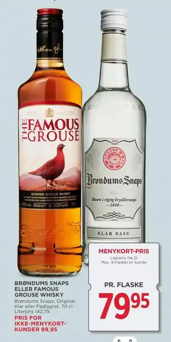 MENY Brøndums snaps eller famous grouse whisky tilbud
