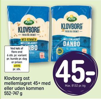 REMA 1000 Klovborg ost mellemlagret 45+ med eller uden kommen tilbud