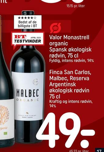 REMA 1000 Finca san carlos, malbec, reserva argentinsk økologisk rødvin tilbud