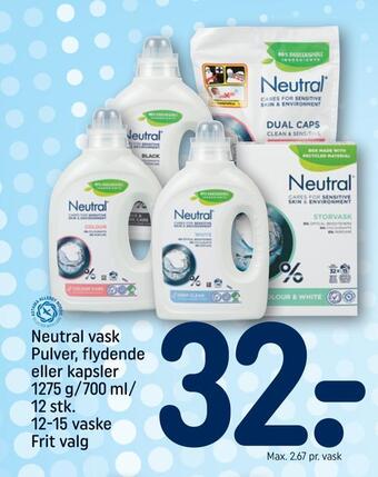 REMA 1000 Neutral vask pulver, flydende eller kapsler 1275 g/700 ml/ 12 stk. 12-15 vaske tilbud