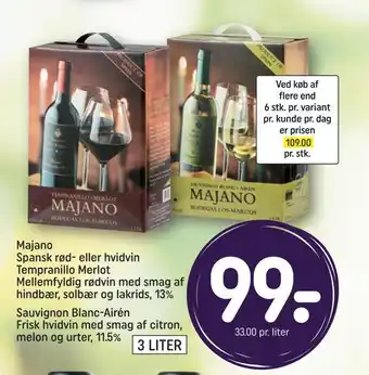 REMA 1000 Majano spansk rød- eller hvidvin tempranillo merlot mellemfyldig rødvin med smag af hindbær, solbær og lakrids, 13% tilbud