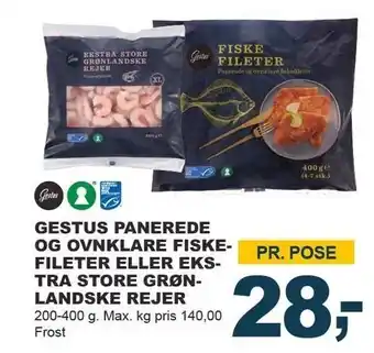 Let-Køb Gestus panerede og ovnklare fiskefileter el. ekstra store grønlandske rejer tilbud