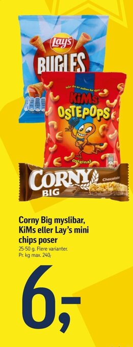 Føtex Corny Big myslibar, KiMs eller Lay's mini chips poser tilbud