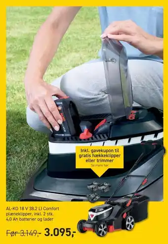 Al-ko 18 v 38,2 li comfort plæneklipper, inkl. 2 stk. 4,0 ah batterier og lader