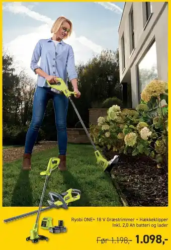 Johannes Fog Ryobi one+ 18 v græstrimmer + hækkeklipper inkl. 2,0 ah batteri og lader tilbud