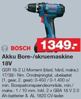 Bauhaus Bosch akku bore-/skruemaskine 18v tilbud