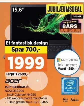 Power Acer 15,6 bærbar pc tilbud