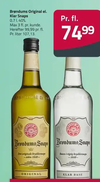 Fleggaard Brøndums Original el. Klar Snaps 0,7 1. 40%. tilbud