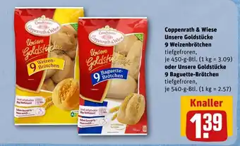 REWE DE Coppenrath & Wiese Unsere Goldstücke 9 Weizenbrötchen oder Unsere Goldstücke 9 Baguette-Brötchen tilbud